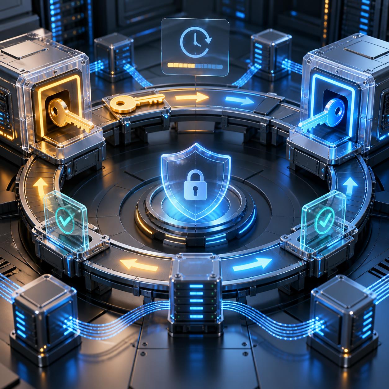 API Key 轮换流程 3D 科技渲染图